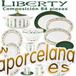 Vajilla con Juego de Café Porcel 84 piezas Liberty Verde y Oro diseño  moderno